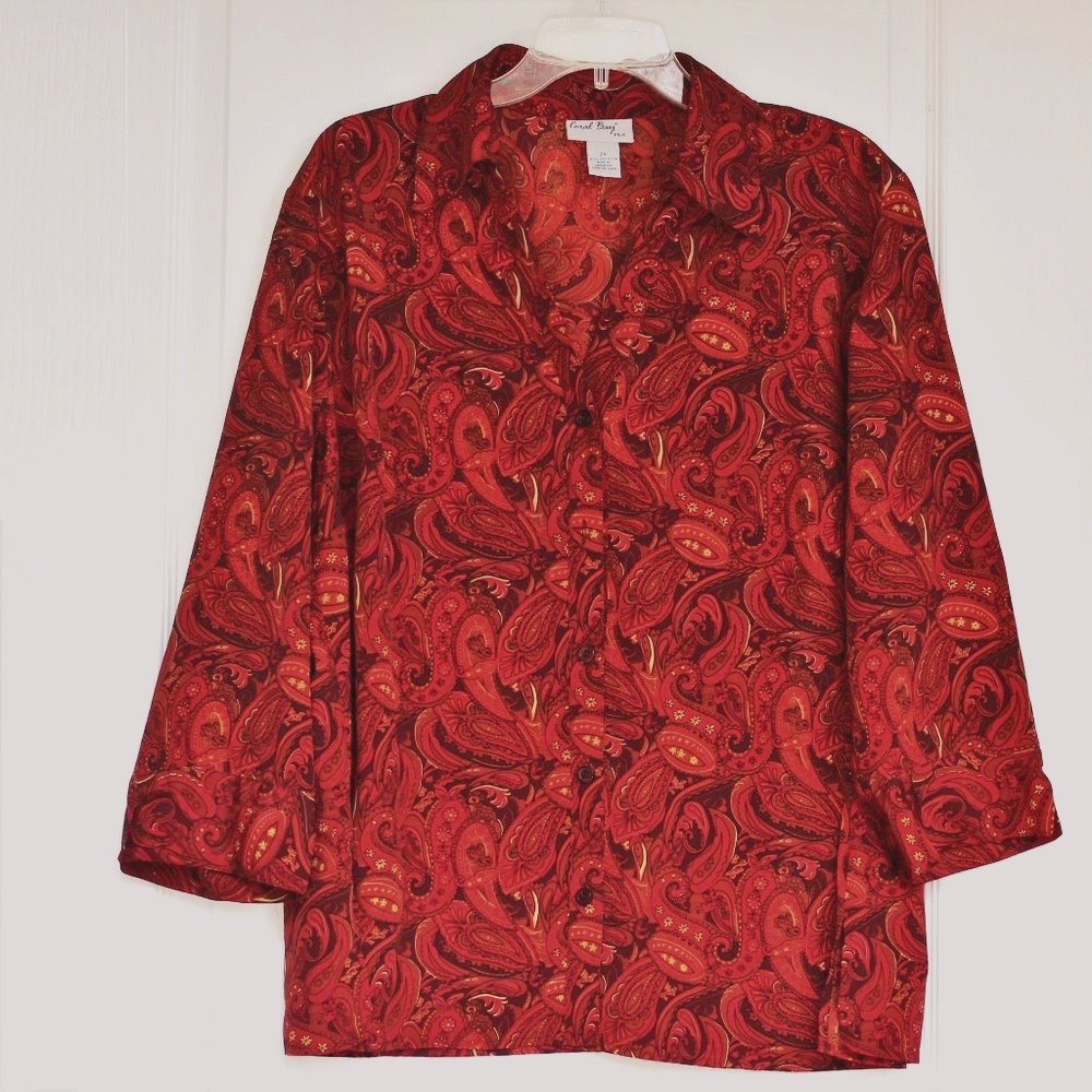 Coral Bay red paisley button up blouse
